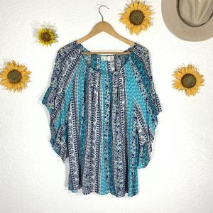 Terra & Sky Top Womens 1X Blue Floral Paisley Casual Rayon Short Sleeve